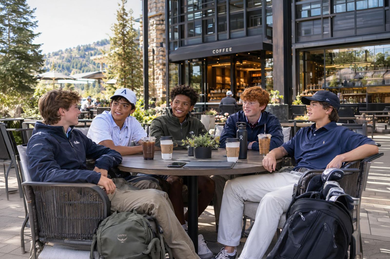 Five young men talking together around an outdoor café table